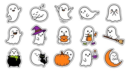 Fototapeta premium Set of cute hand drawn ghosts with halloween elements like pumpkins cats and witch hats for seasonal designs