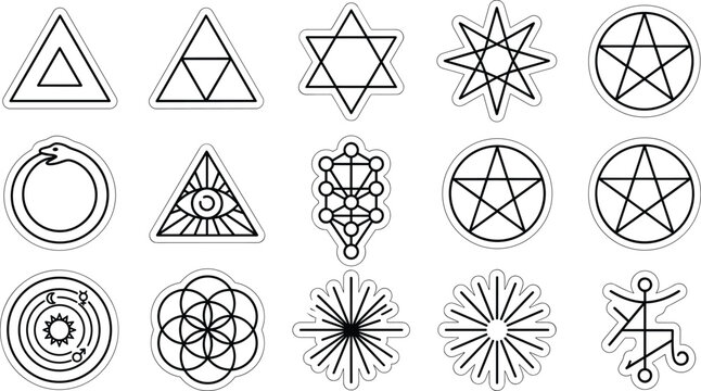 Sacred Geometry and Esoteric Line Art Icon Set Featuring Pentagrams, Ouroboros, Tree of Life, All Seeing Eye, and Mystical Alchemy Symbols