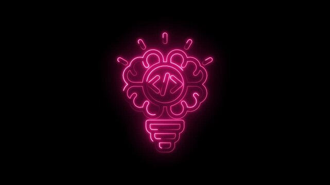 Neon pink brain lightbulb with code symbols inside glowing on icon black background representing