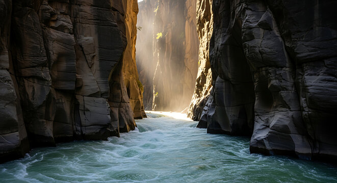 A rushing river flows through a deep rocky canyon with dramatic light beams