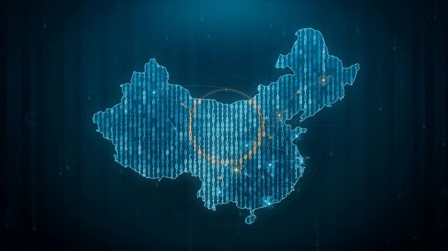 Glowing digital map of China formed from binary code with an expanding radar circle