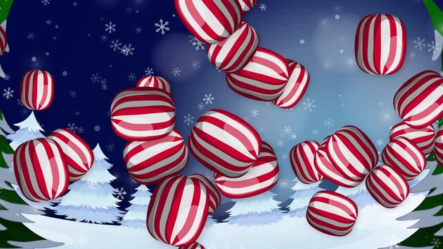 Red and White Striped Peppermint Candies Falling Over Snowy Winter Forest
