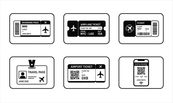 Travel and boarding pass ticket set for airport logistics and airline ticketing systems use.