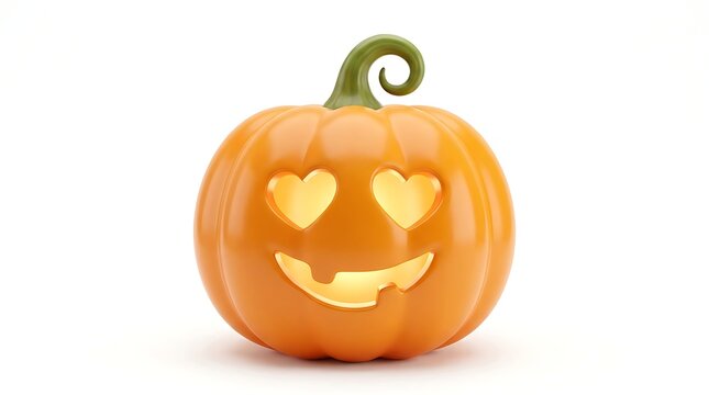 A carved halloween pumpkin with glowing heart shaped eyes and a happy smile isolated on white background