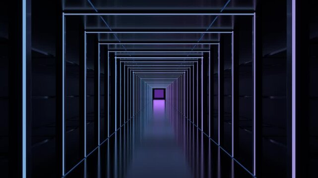 Dark neon rectangular light corridor depth perspective animation