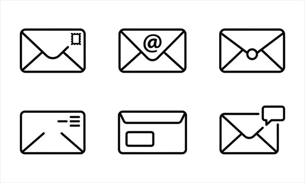 Black line icons of various mail envelopes for communication and messaging services.