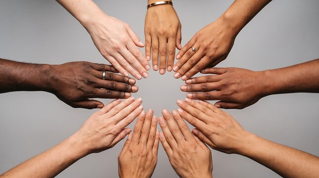 Diverse hands joined in a circle representing unity, teamwork, and global community support.