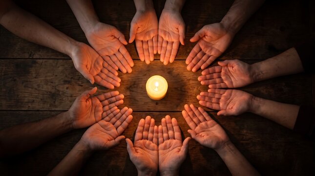 Diverse group of people holding hands in a circle around a glowing candle for unity