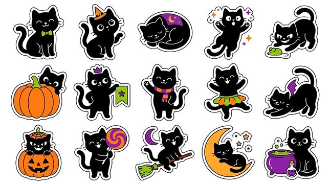 Set of cute black cat stickers for halloween with pumpkins ghosts and magical elements in cartoon style