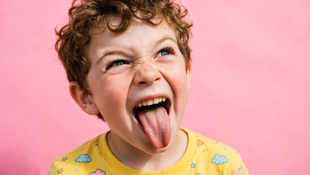 Jeune gar&ccedil;on tirant la langue et regardant sur le cot&eacute;, grimace