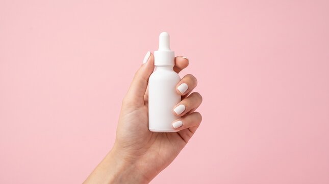 Delicate female hand holding small white cosmetic dropper bottle with elegant matte finish against pink background