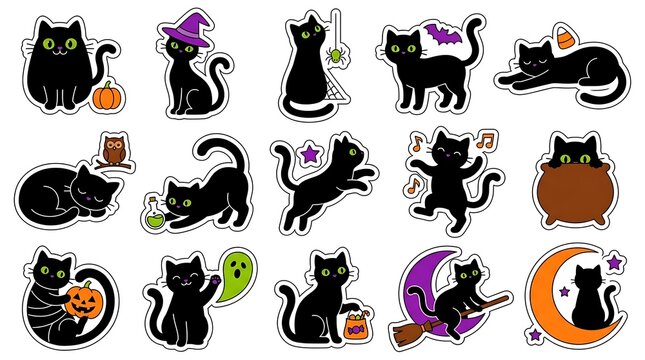 Set of cute black cat illustrations for halloween featuring various poses and festive holiday elements in watercolor style