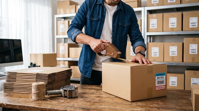 Man sealing cardboard parcel in warehouse. Blue shirt worker packing boxes for online shipping delivery. Wooden table with tape dispenser and stacks of flat mailers. Small business e-commerce