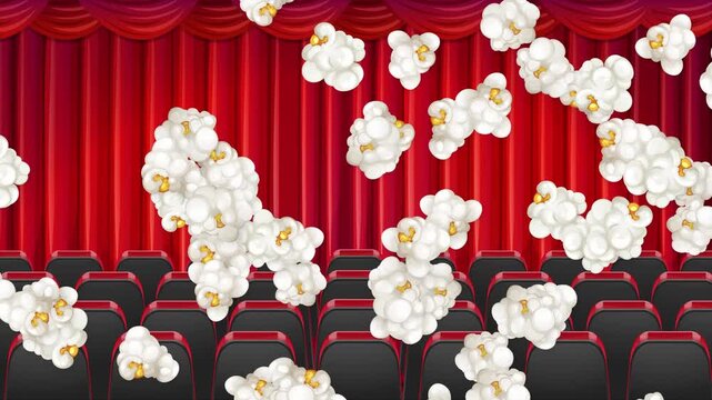 Popcorn Bursting in Front of Red Cinema Theater Curtains