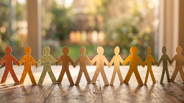 Paper chain of diverse people holding hands representing unity and community connection