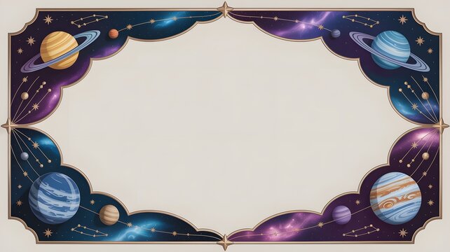 Elegant celestial border featuring ornate golden frames decorated with vibrant planets and glowing distant star clusters