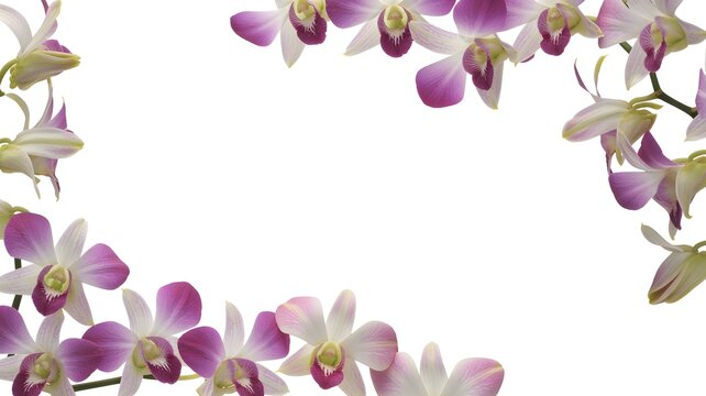 Beautiful purple orchid flowers forming a delicate botanical border frame against a clean crisp white background