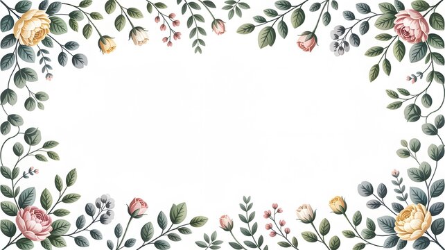 Elegant floral frame border featuring blooming yellow and pink roses with lush green foliage artistic illustration