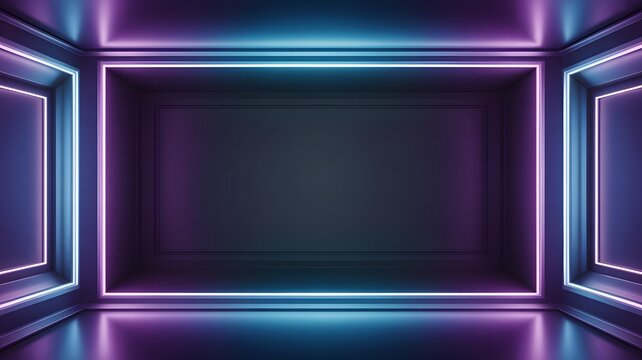 Empty modern room featuring vibrant neon lighting with glowing blue and purple rectangular frame borders inside