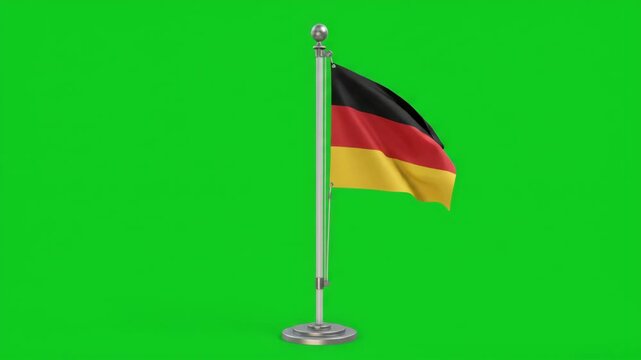 German flag waving on a flagpole against a vibrant green screen background, representing national identity and patriotism.