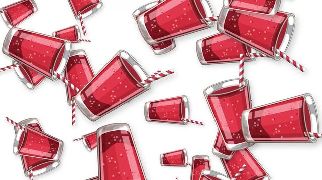 Animated Falling Red Soda Glasses with Straws on White Background