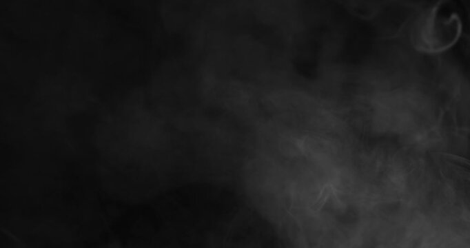 Realistic slow motion smoke plume drifting sideways across a black background. Atmospheric vapor effect ideal for overlays, compositing, visual effects, cinematic scenes and VFX production.