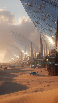 Futuristic Desert Solar Megacity with Solar Mirrors and Flying Vehicles 8K`