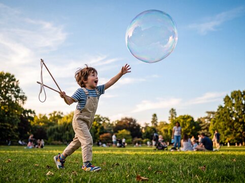 Childhood Joy: A young boy in overalls joyfully chases a large, floating bubble across a sun-drenched park on a clear day, with blurred figures enjoying leisure time in the background.