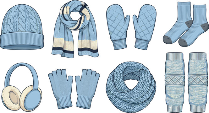 Blue Knitted Winter Accessories Vector Set Featuring Cable Knit Beanie, Striped Scarf, Quilted Mittens, Earmuffs, Fingerless Gloves, Infinity Snood, and Leg Warmers