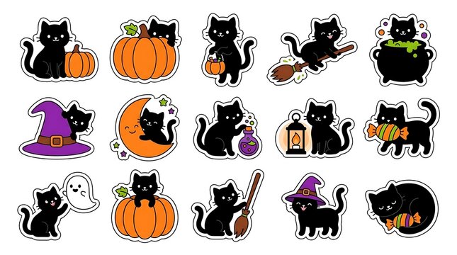 Set of cute black cats in various halloween poses with pumpkins and witch hats isolated on white background