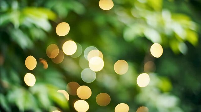 Bokeh lights gleaming through green foliage festive holiday decoration