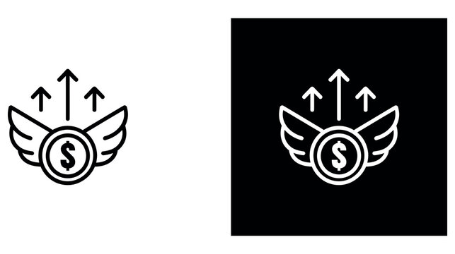 Flying dollar coin icon with wings and upward arrows representing inflation and rising cost.