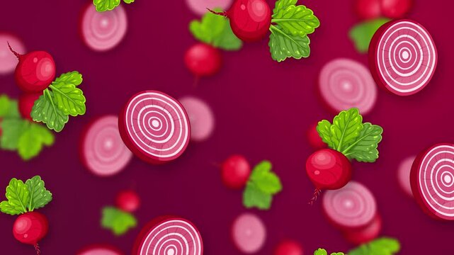 Animated Falling Whole and Sliced Beetroot Vegetables on Purple Background