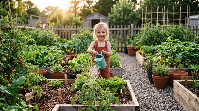 Little Gardener's Delight: A joyful young child with a watering can tends to a vibrant garden bed, surrounded by lush greenery and blooming vegetables, under the warm glow of the sun.