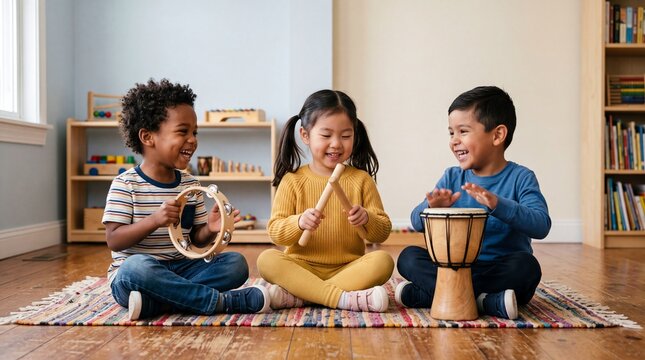 Children Making Music: Three young children with diverse backgrounds joyfully play musical instruments, creating a harmonious soundscape in a bright and engaging learning environment.