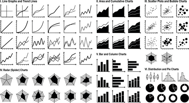 Comprehensive set of business data charts, graphs, and diagrams, vector infographic elements