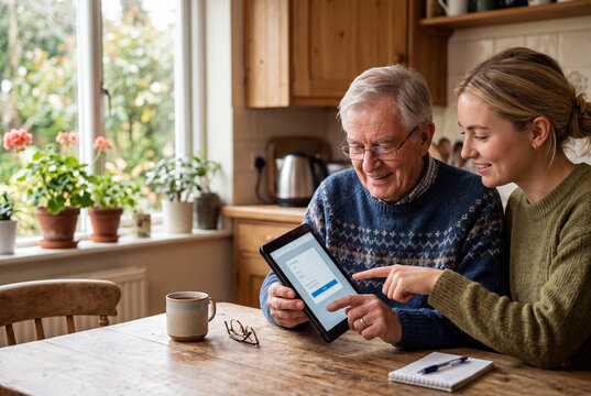 Giovane e anziano seduti al tavolo mentre condividono l&rsquo;uso di un tablet in ambiente domestico. Inclusione digitale, apprendimento intergenerazionale, tecnologia accessibile e connessione familiare.
