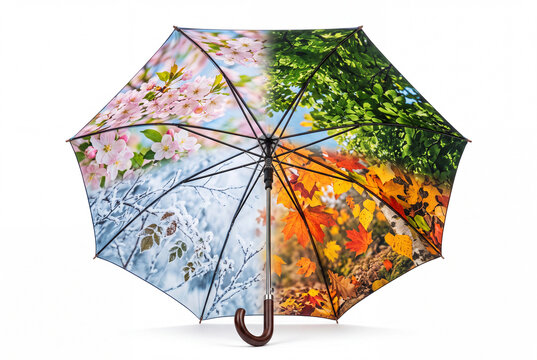 Ombrello con quattro sezioni dedicate alle stagioni: primavera, estate, autunno e inverno. Immagine concettuale ideale per temi tempo, cambiamento, natura, ciclicit&agrave; e protezione.