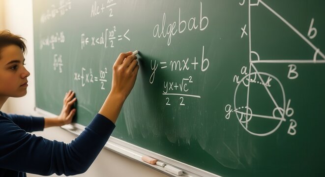 Focused student writing mathematical equations on a green chalkboard. Back to school concept for academic learning.