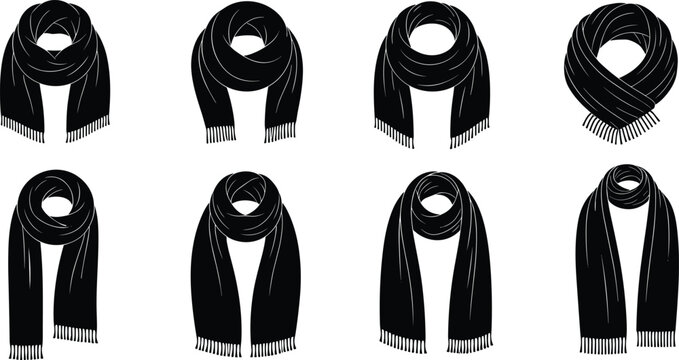 Scarf silhouettes, front view, tied styles, fringe detail, black design, fashion vector, winter accessory, neckwear icons, stylish setScarf silhouettes, front view, tied styles, fringe detail, black d