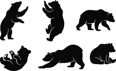 Fototapeta premium Solid Black Bear Silhouette Set Collection Vector Isolated on White Background for Logo Design