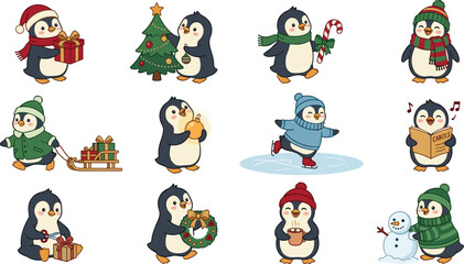 Fototapeta premium Cute Christmas Penguin Cartoon Vector Character Set Featuring Playful Birds Ice Skating Singing Carols Decorating Tree and Building Snowman for Holiday Designs