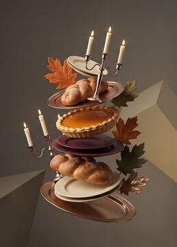Floating Thanksgiving plates, candles and pie suspended in the air