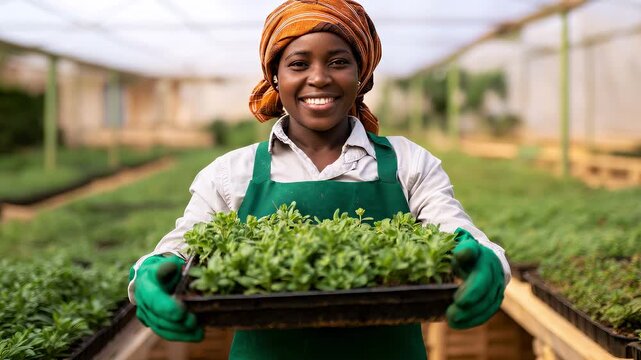 African woman is employed at a nursery for greenhouse flowers.