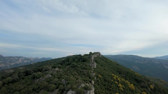 Aerial view of a mountain ridge, hillsides covered in yellow Mount Etna broom, Orientale Sarda road and Gorropu Canyon below. FPV drone footage, Baunei, Sardinia, Italy.