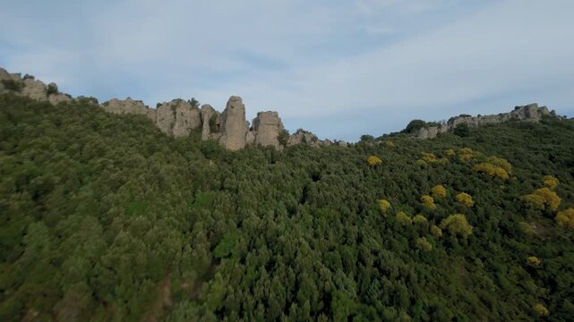 Aerial view of a winding mountain road through a valley covered in yellow blooming Mount Etna broom, Orientale Sarda, Baunei, Sardinia, Italy. FPV drone footage.