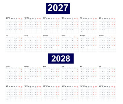 Compact 2027 2028 Calendar Chart, two year overview with navy blue year headers