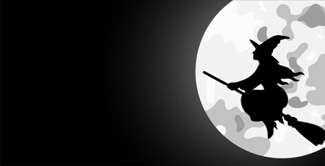 Fototapeta premium Silhouette of a witch flying on a broomstick against the backdrop of a full moon and a black night sky. Vector background with space for text.