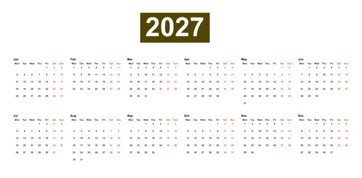 Green Header 2027 Calendar, extra wide six column double row office planner