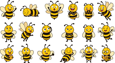 Obraz premium Cute Honey Bee Cartoon Character Vector Emoji Icon Set Featuring Diverse Emotional Poses Including Happy Angry Sad Confused Sleeping and Reading Mascot Illustrations